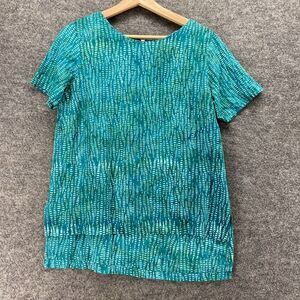 Go Fish Blouse Women S Small Blue Geometric Zipper Short Sleeve Round Neck